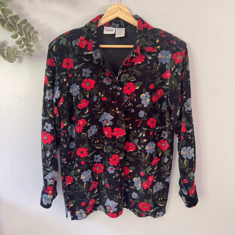 Capacity Shirt Vtg Floral Corduroy Whimsigoth Witchy Button Down Black Red PM